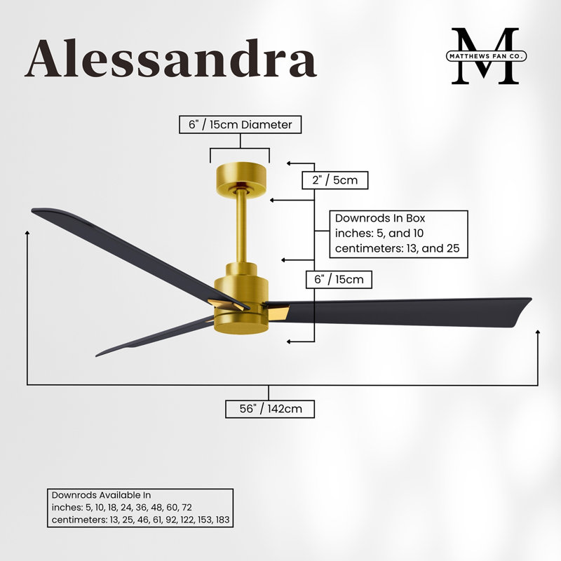 Alessandra Outdoor Downrod Ceiling Fan, Matte Black, Brushed Brass