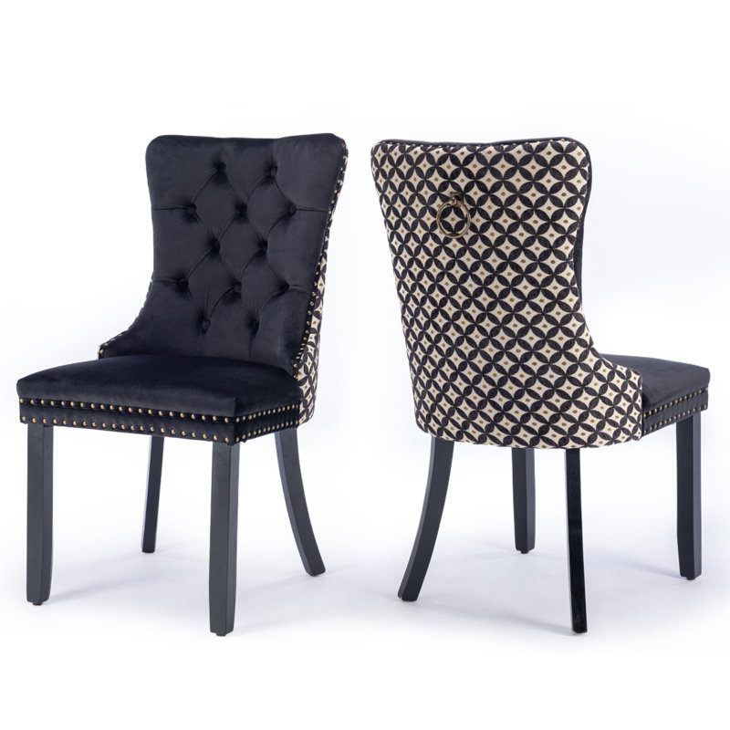 Chaise de salle à manger en velours avec anneau à dossier et pieds en bois massif, Noir, Tissu écossais noir, 2