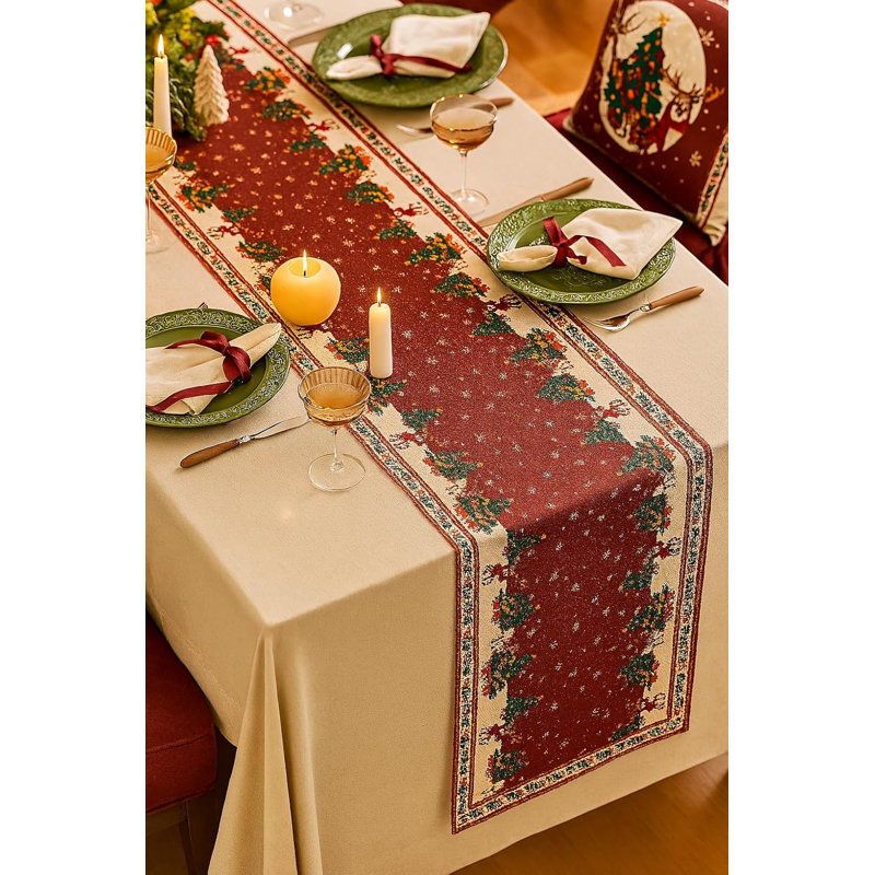Burgundy Christmas Tree & Deer Festive Table Runner 13" X 72", Burgundy