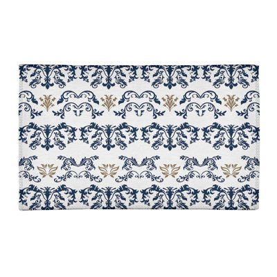 Tapis damassé blanc / bleu marine