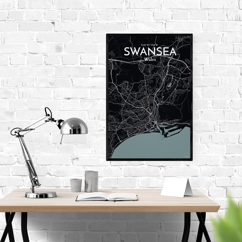 Swansea City Map, impression, H 36 po x l 24 po, Gris/noir