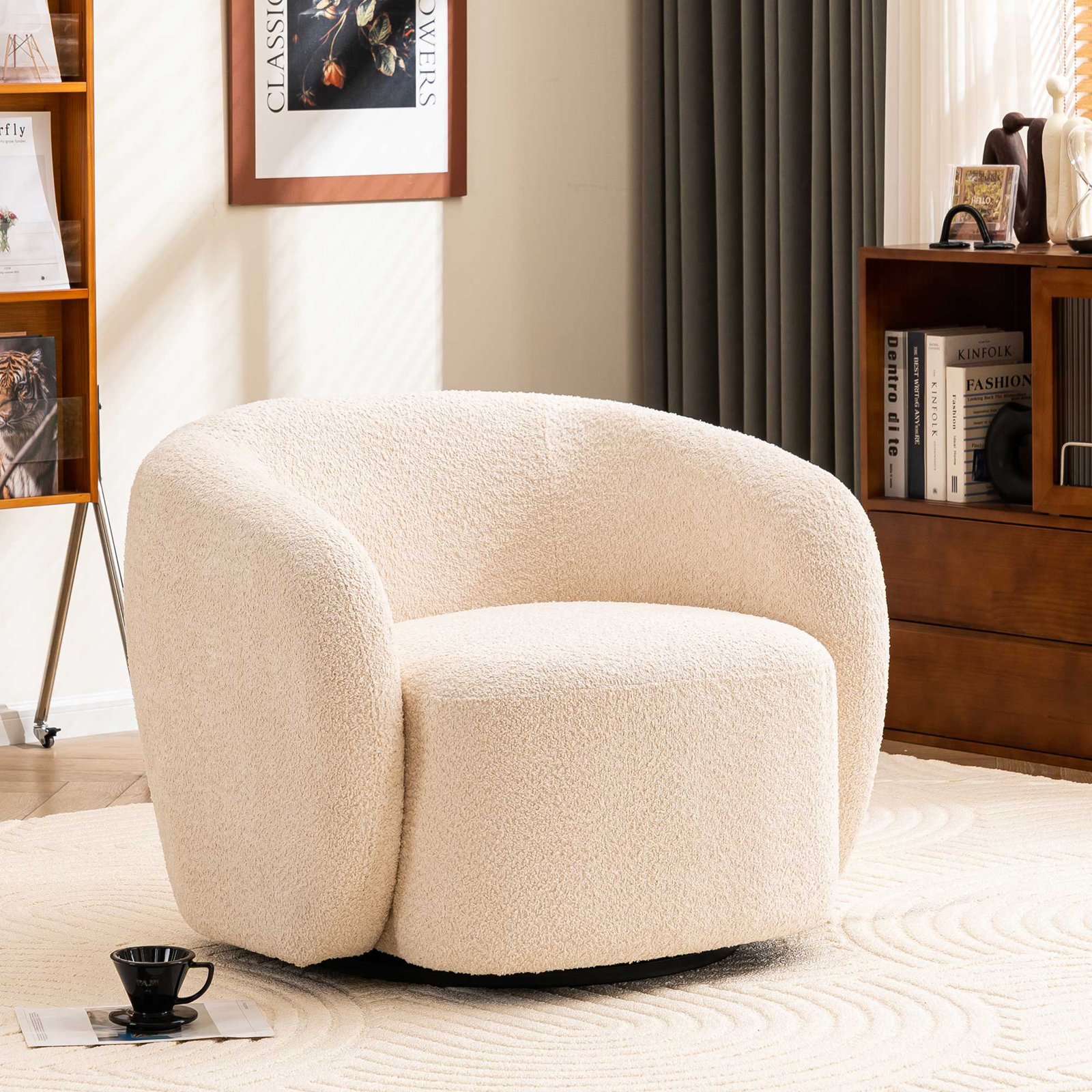 Munehito Upholstered Swivel Barrel Chair, Beige