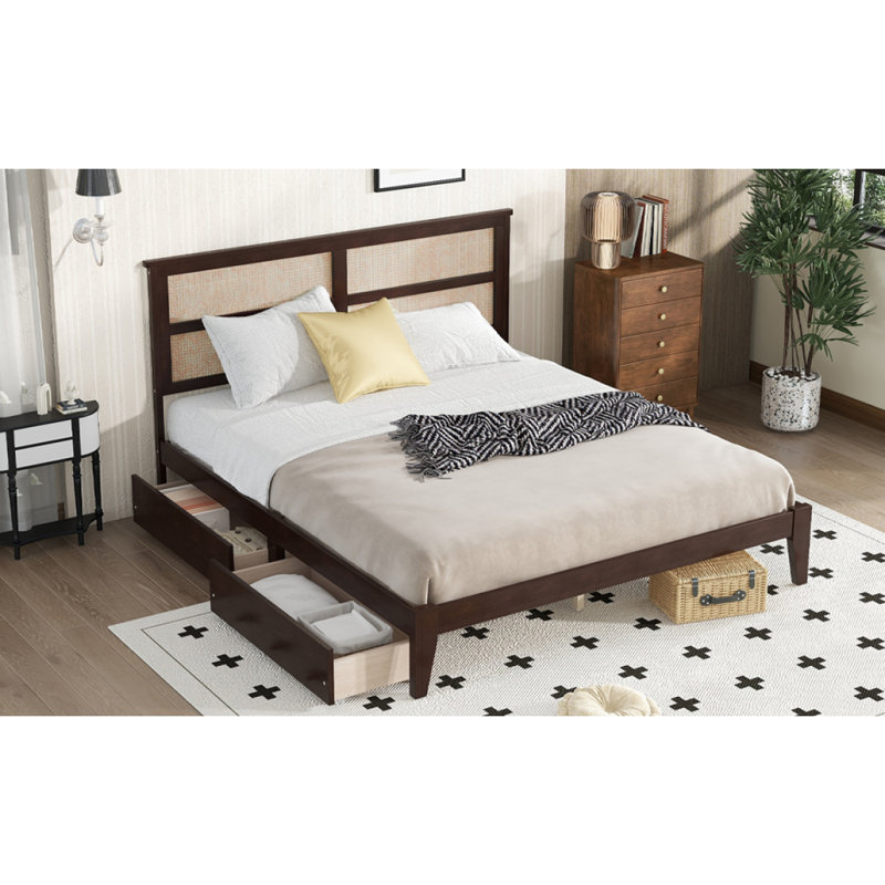 Très grand lit avec tête de lit en rotin, deux tiroirs de rangement, lit en bois d'hévéa avec pieds et pieds de soutien améliorés, espresso