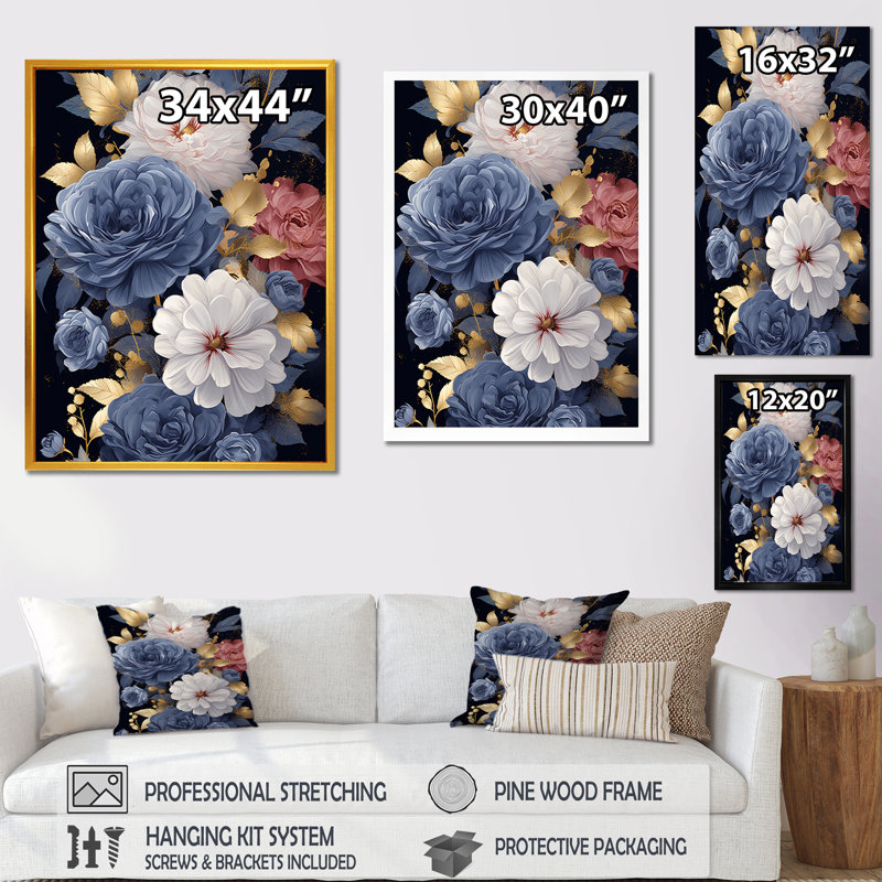 «Blue Rose Elegance IV - Rose», art mural, Cadre simple blanc, H 40 po x l 30 po x P 1,5 po