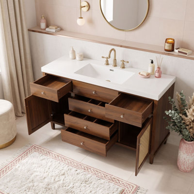 Meuble-lavabo en bois avec lavabo en SMC, tiroirs et portes en rotin