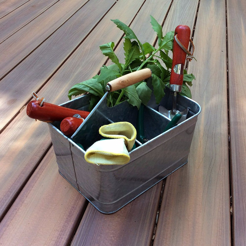  Rustic Galvanized Metal Caddy Basket with Mango Wood Handle, 11 x 7 x 9.5 Inch Organizer, Gray
