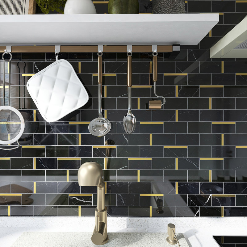 Natural Bianco 2" x 4" Marble Brick Joint Mosaic Wall Tile, Black/Gold