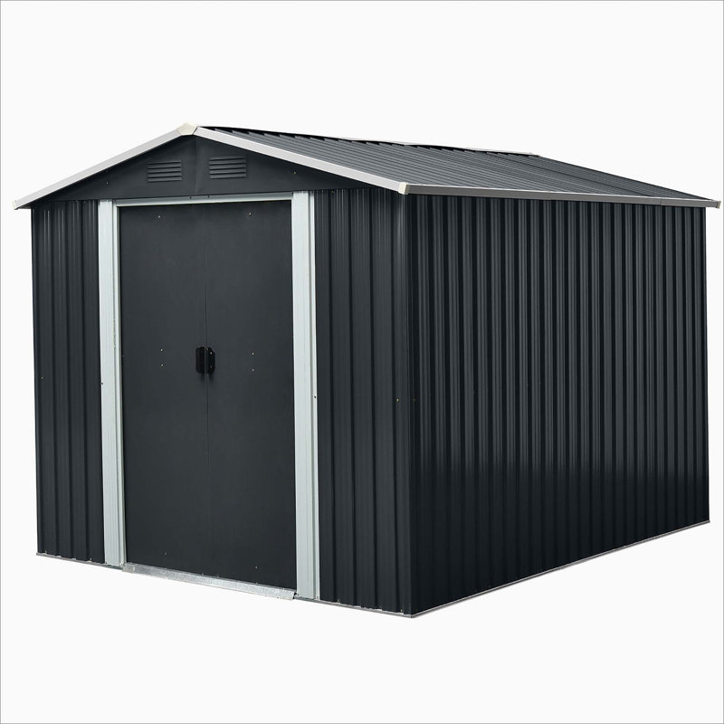 8Ft X 10Ft Outdoor Metal Storage Shed With Floor Base, 75.09" H x 89.09" W x 114.84" D, Black