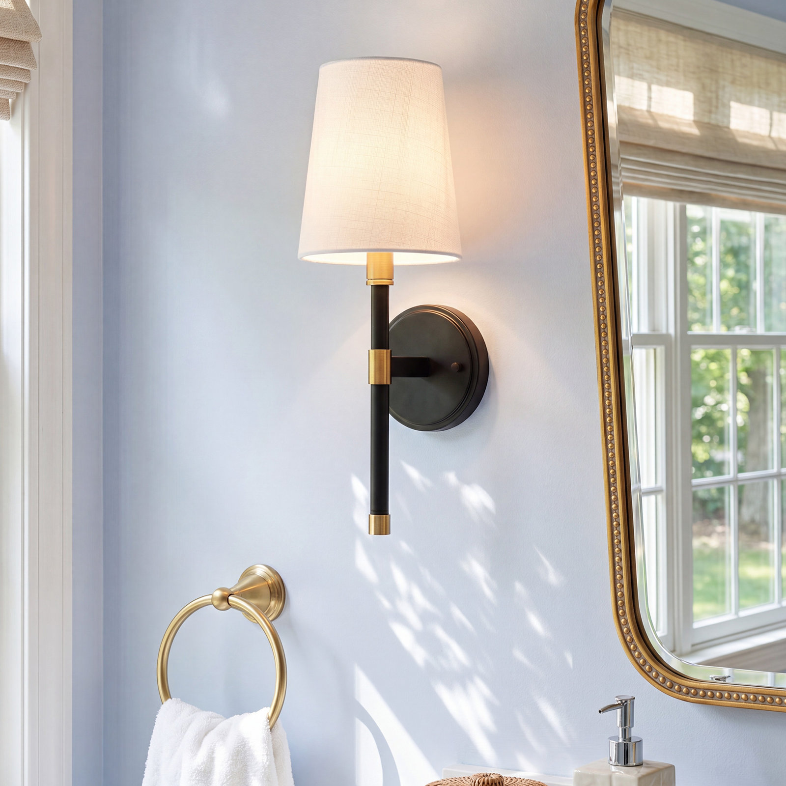 Quinley Single Light Dimmable Armed Sconce, Black/Brass