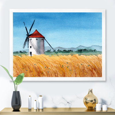 Paysage avec un moulin à vent debout dans un champ de blé - peinture sur toile