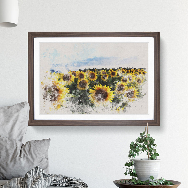 Sunflowers Watercolour - Picture Frame Graphic Art, Walnut, 65cm H x 90cm W x 2cm D