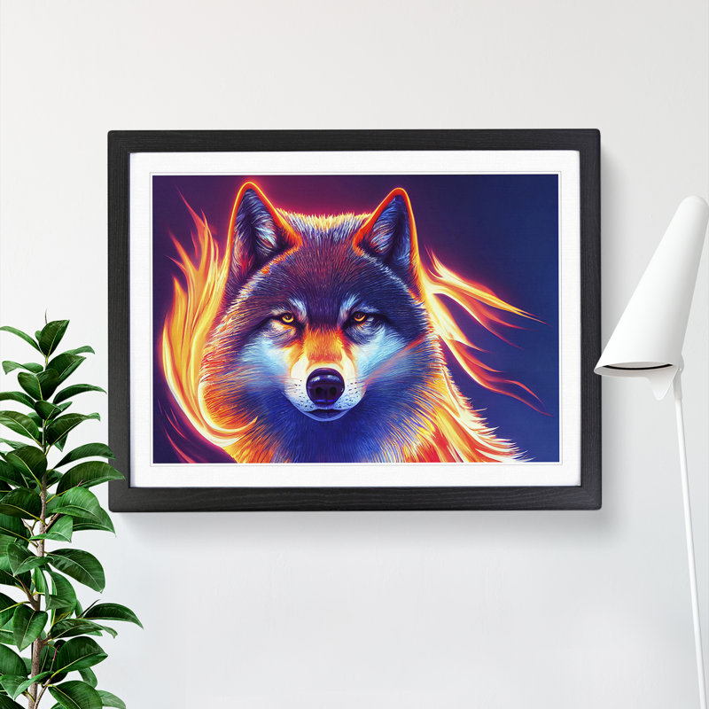 XH1022-10261X Wolf Flames - Single Picture Frame Print, Black , 34cm H x 46cm W