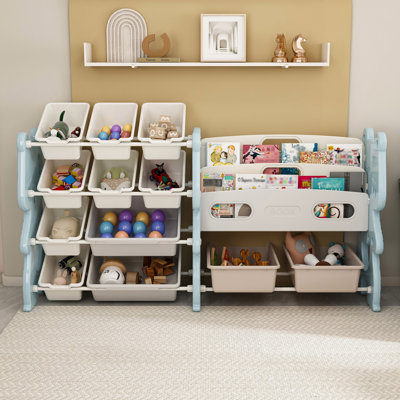 Kids Toy Storage Organizer, Toy Organizer With 2 Tier Bookshelf, Toy Storage With Shelf And 12 Toy Bins, Kids Bookshelf And Toy Storage For Playroom,