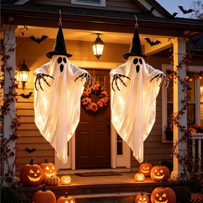 2 pièces fantôme lumineuses suspendues avec chapeau de sorcière, squelette des mains, fantôme blanc brillant d'Halloween, décorations d'Halloween pour l'extérieur pour la cour intérieure, piles AA non incluses