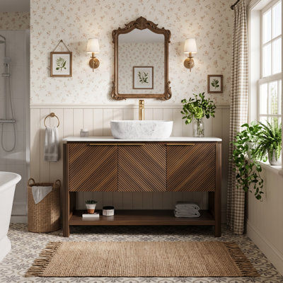 Meuble-lavabo de salle de bain 30 po, meuble de rangement autoportant en contreplaqué avec 2 portes diagonales rayées et tablette ouverte, lavabo en céramique à motif marbré et plateau en pierre frittée blanc de Carrare, grain de bois noyer foncé