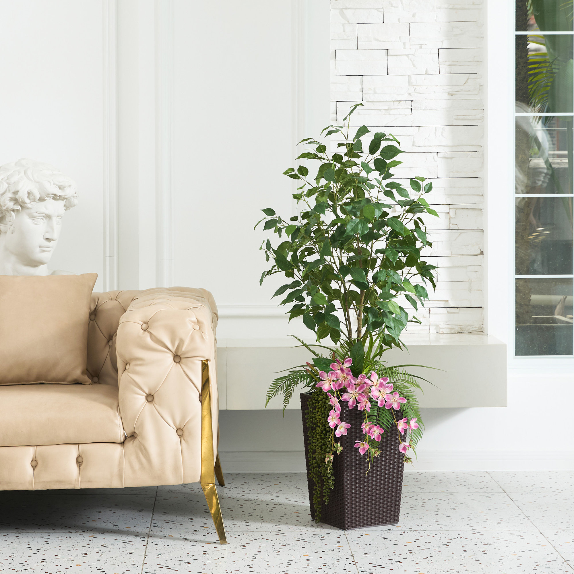 Adcock Artificial Ficus Tree 4FT - UV Resistant Faux Plants with Tapered Planter and Decorative Plants, Brown