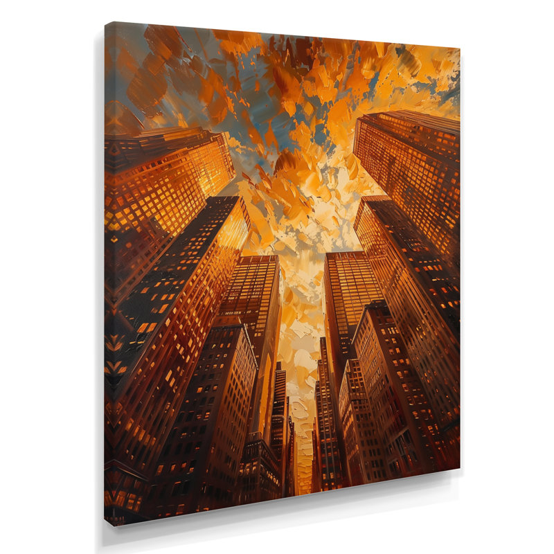 «Golden Perspective», gratte-ciel symphonie I - art mural gratte-ciel, Toile tendue, H 16 po x l 32 po x P 1 po