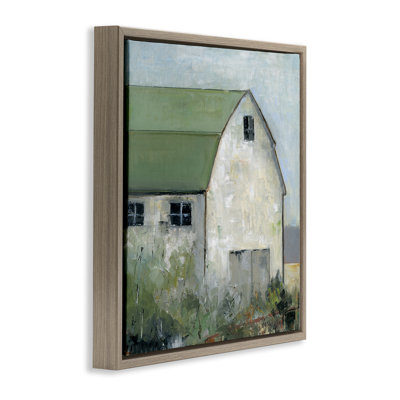 Vue de grange avec cadre flottant de toit vert, design par Sally Swatland