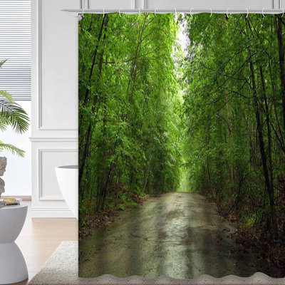 Road Woods Forest Symmetrical Green Shower Curtain with 12 Hooks