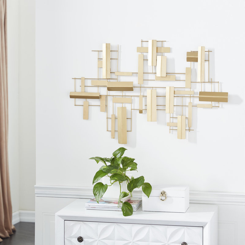 Gold Metal 3D Stripe Geometric Rectangle Wall Art, 36"x23"