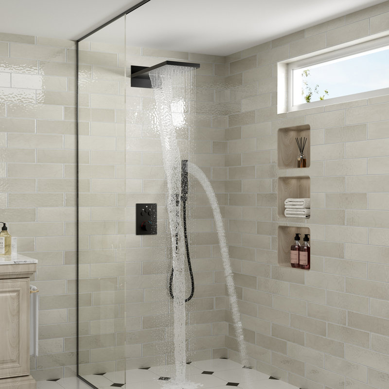Système de douche thermostatique complet à 3 fonctions avec valve brute, Noir mat