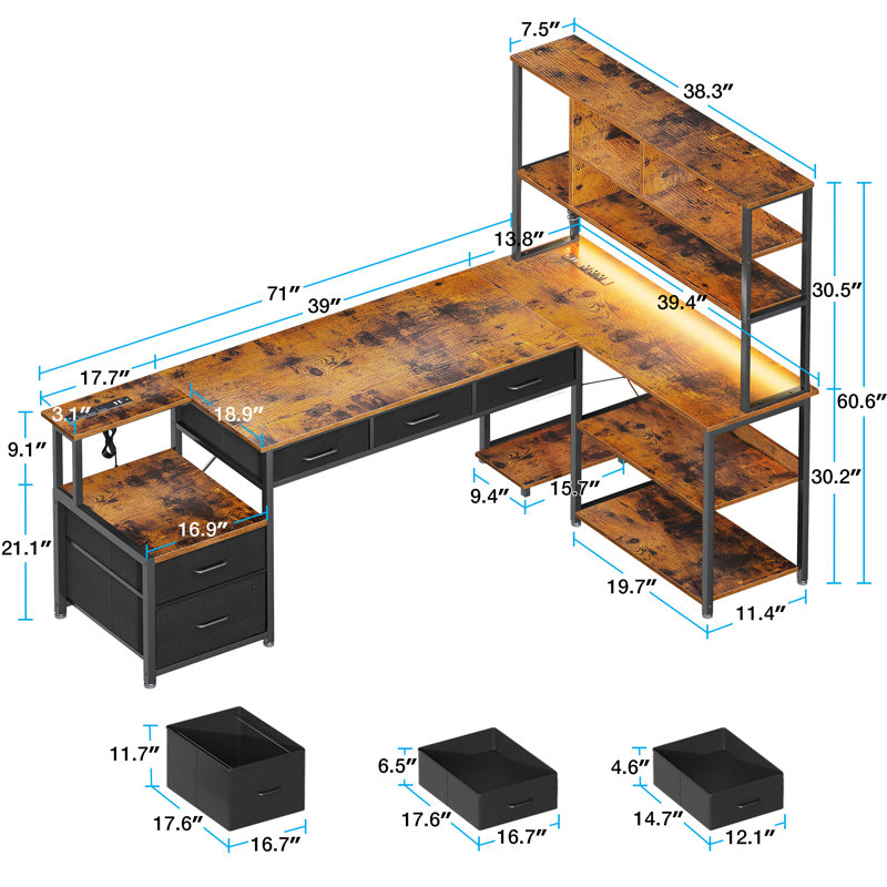 Meldora L-Shaped Manufactured Wood Desk with LED Lights, Brown, 60.6" H x 70.9" W x 39.4" D