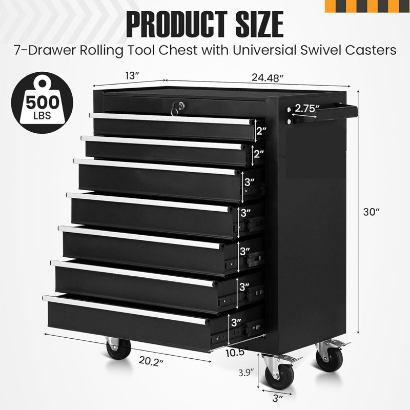 Coffre à outils à 7 tiroirs, armoire à outils sur roulettes avec système de verrouillage à clé et doublure de tiroir