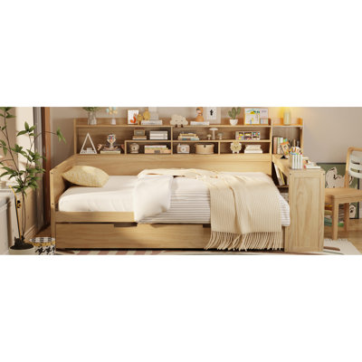 Lit de jour en bois de taille avec rangement polyvalent, lit gigogne simple et table d'étude pratique en bois naturel avec de nombreux espaces de rangement, teinte de bureau efficace