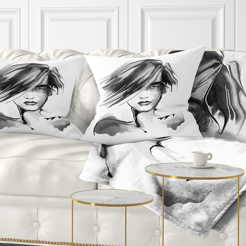 Jeune femme en noir et blanc - coussin imprimé Portrait, 18 po x 18 po, Coussin décoratif