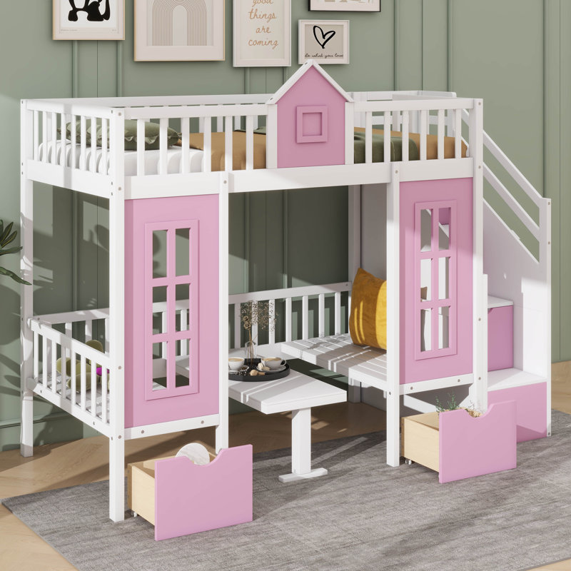 Lit superposé convertible en bois avec escalier et tiroirs Anela, Lit superposé simple sur simple, Pink