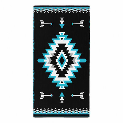 1 pièce de serviette de plage à motif tribal à motif de losanges du sud-ouest, avec des motifs géométriques et des flèches en noir, blanc et turquoise. Grand, absorbant pour la piscine, les voyages, la conception unisexe.