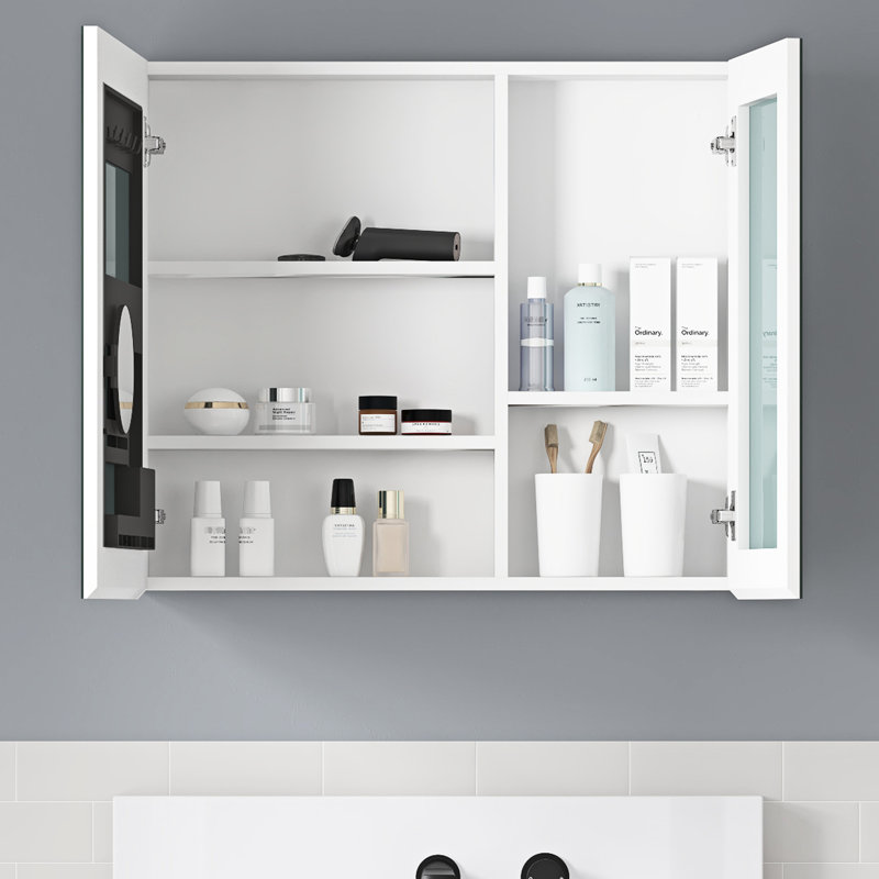 Armoire de salle de bain à miroir murale 30 po en bois d'ingénierie de style blanc 2 en 1 avec maquillage intégré et rangement pour les cheveux ou les brosses à dents encastrées à tablettes multiples