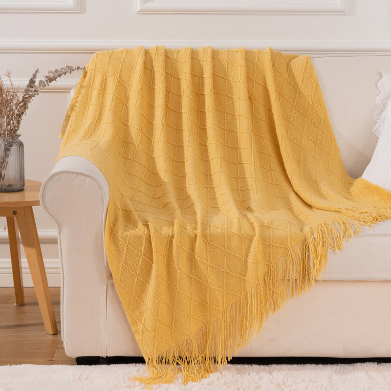 Yellow Knitted Acrylic Throw Blanket with Tassels, 50"x60"