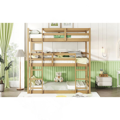 Triple Rubber Wood Bunk Bed With Two Built-In Ladders, Guardrails, Twin Over Twin Over Twin, Detachable Triple Twin Bunk Bed,White Oak