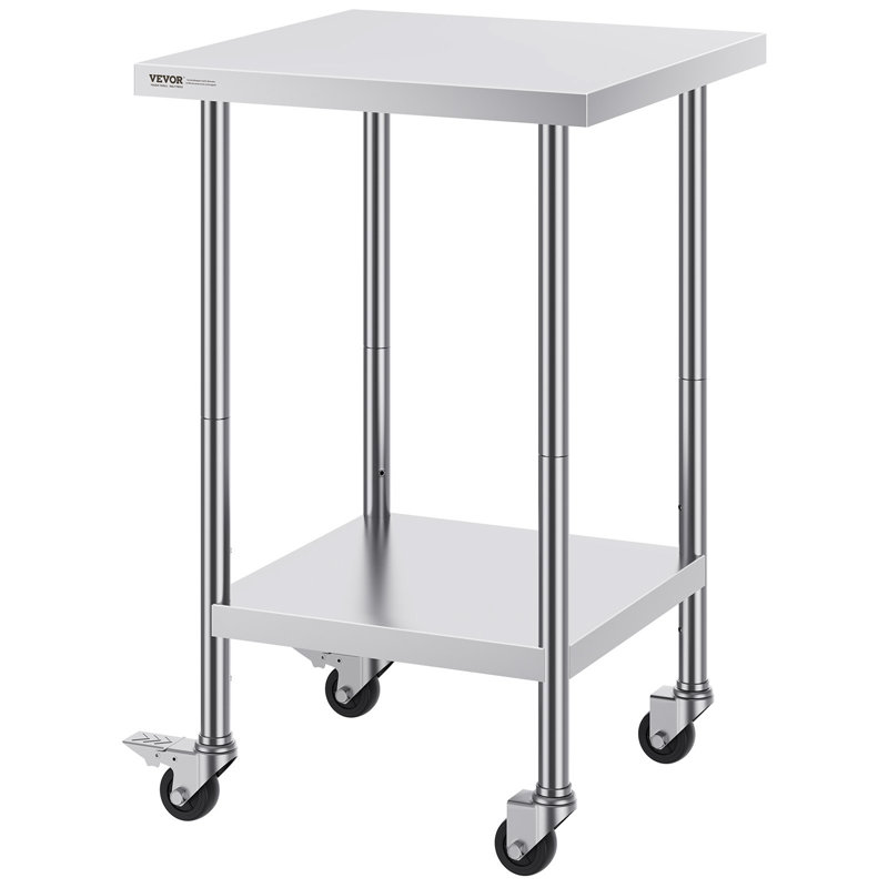 Table de travail en acier inoxydable 24 x 24 x 38 pouces, avec 4 roulettes, 3 niveaux de hauteur réglables, table de travail robuste pour la préparation des aliments pour restaurant de cuisine commerciale, argent
