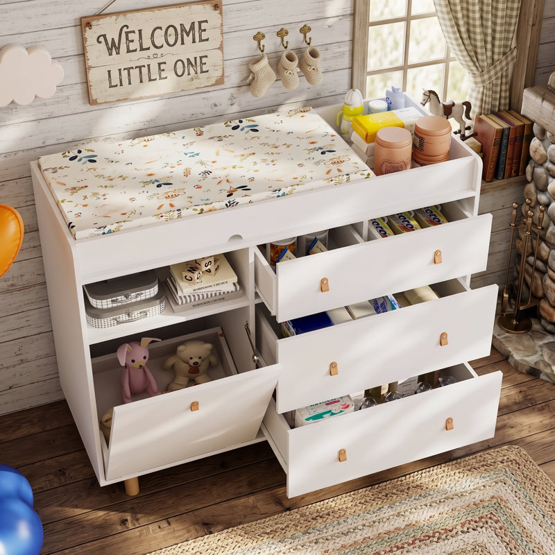 Commode à langer avec 4 tiroirs Stroman, Blanc