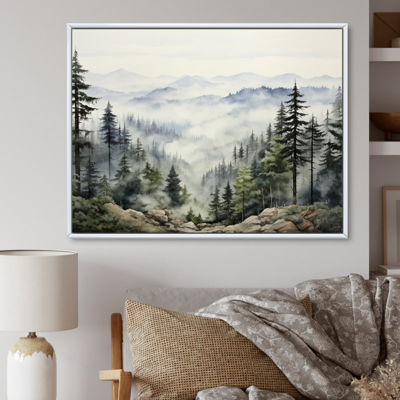 «Pine Tree Misty Mountain I», art sur toile de pin, Reproduction avec cadre flottant, H 16 po x l 32 po, Blanc