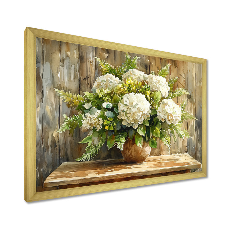 Bouquet d'hortensias «Barnyard Beauty» - hydrangées, décoration murale, H 12 po x l 20 po, Cadre simple, Doré