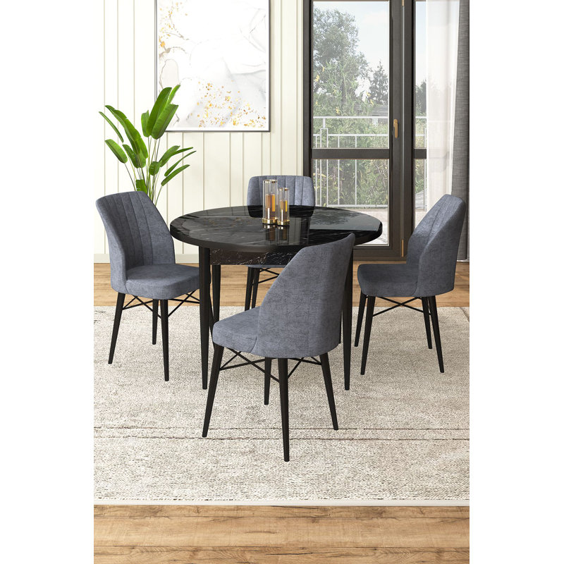 Ensemble de table et chaises de salle à manger moderne 5 pièces, marbre noir et fumée | Table en carton 100% enduit de mélamine, table: 35,4 po x 29,5 po x 35,4 po | Chaises: 17,7 x 36,6 x 16,5 pouces, structure en métal, tissu Jerry, design élégant et élégant