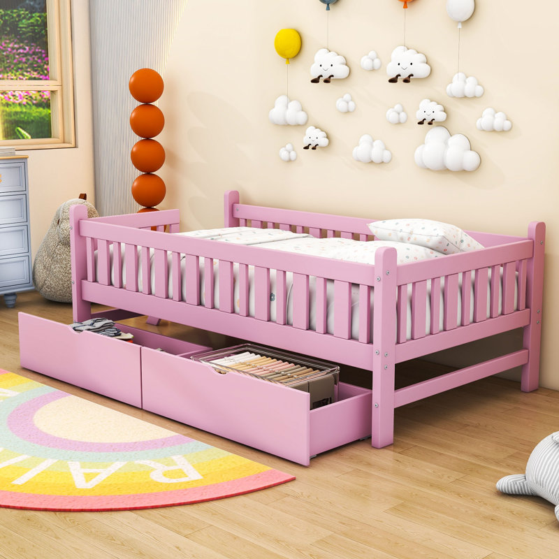 Lit plateforme simple en bois 2 tiroirs avec garde-corps, Rose