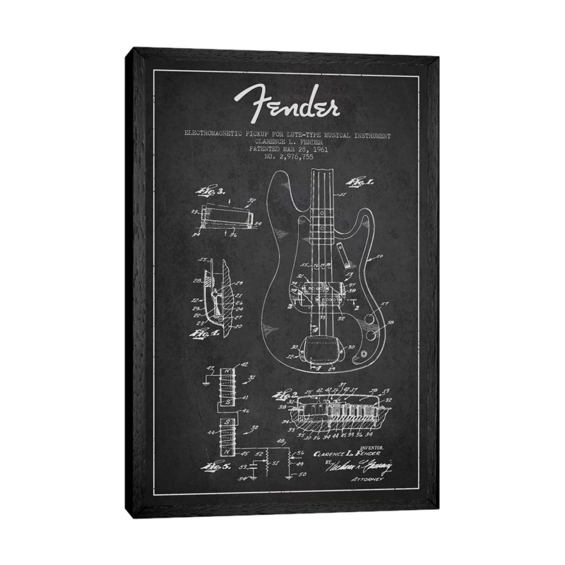 Guitar Charcoal Patent Blueprint by Guitar - Print on Canvas, 101.6 cm H x 66.04 cm W, Black Framed