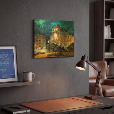 'Odessa Ukraine Opera and Ballet Theater Night' By Pedro Gavidia Gold Metal Wall Art, 16" x 12"