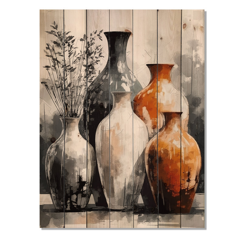 Vase brun et gris en terre - décoration murale géométrique en bois, H 32 po x l 24 po