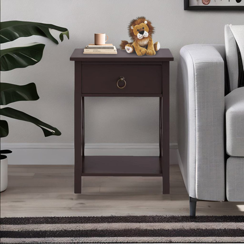 Espresso Solid Wood Small End Table with Drawer and Shelf