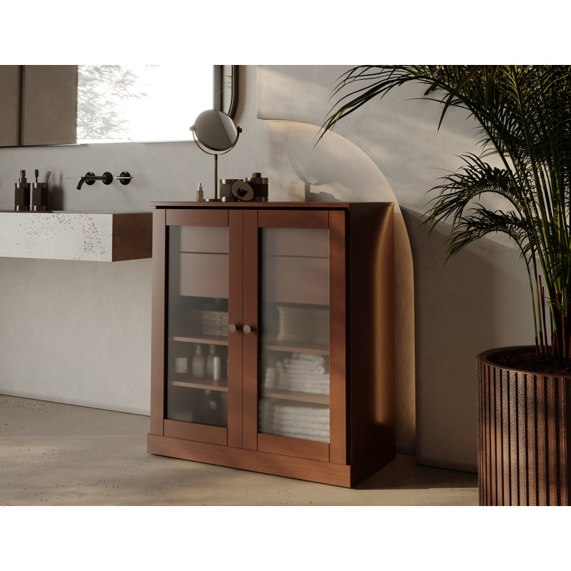 100% Solid Wood 32" Bathroom Cabinet with Frosted Glass Doors, 2-Drawers and Adjustable Shelves, Mocha