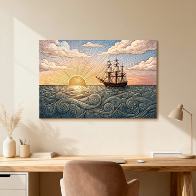Coucher de soleil, voilier, océan, vagues, nuages, art du ciel