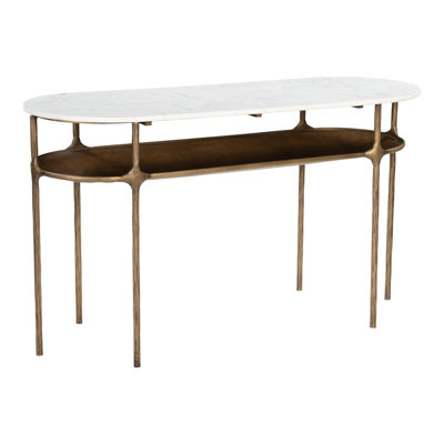 50" White and Brass Genuine Marble and Iron Oval Six Leg Console Table With Shelf by Everly Quinn