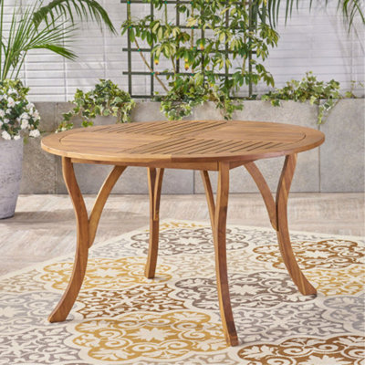 Table de salle à manger ronde 47,25 po en bois d'acacia avec finition en teck et table de patio à lattes résistante aux intempéries pour une utilisation extérieure et intérieure