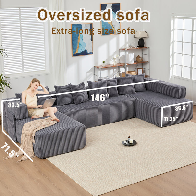 Canapé modulaire en U 146 po 146 po, canapé-lit convertible 5 places et en forme de L, 8 coussins, combinaison gratuite, sans assemblage, canapé bricolage surdimensionné, sac à magazines, velours côtelé