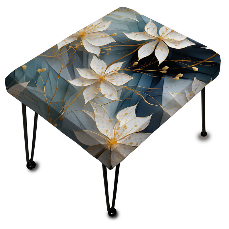 White And Teal Marble Flowers Serenity - Marble Rectangle Ottoman